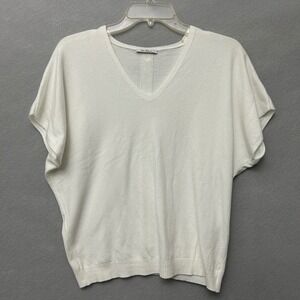 Vila Milano Sweater Womens White V-Neck Button Back Short Sleeve Knit Top